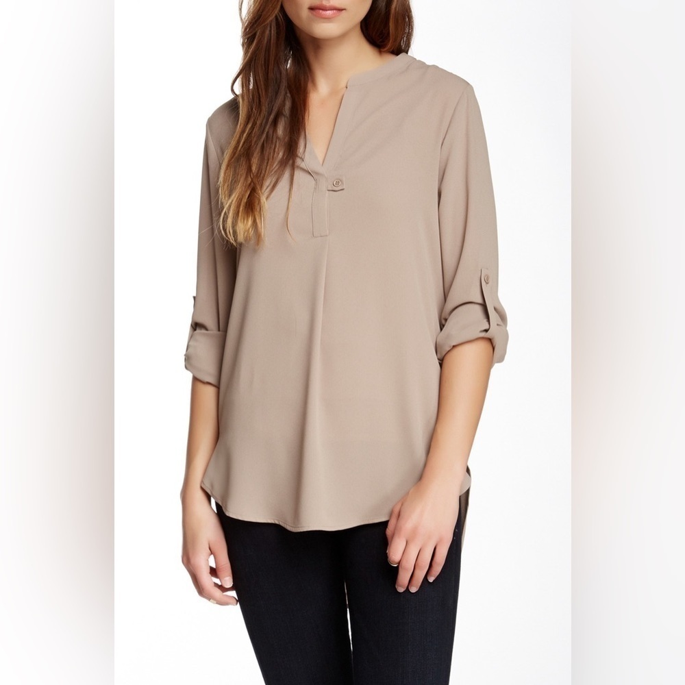 Pleione Split Neck Long Sleeve Blouse With Button Detail In Taupe Size 2X
